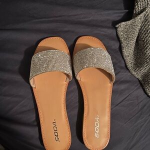 Soda Women's Tan and Silver Slide Sandals
